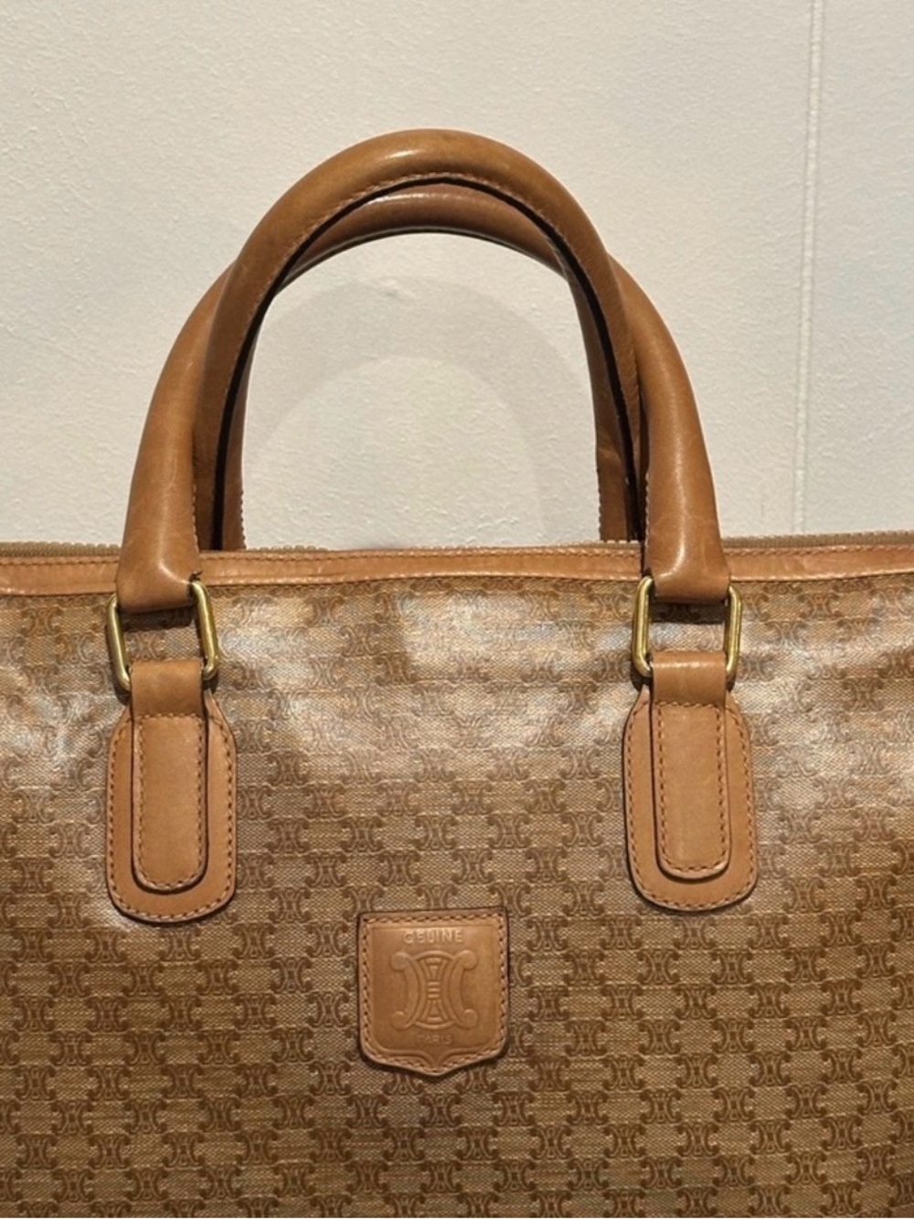 Celine Brown Monogram Large Satchel with Tan Leather Trim